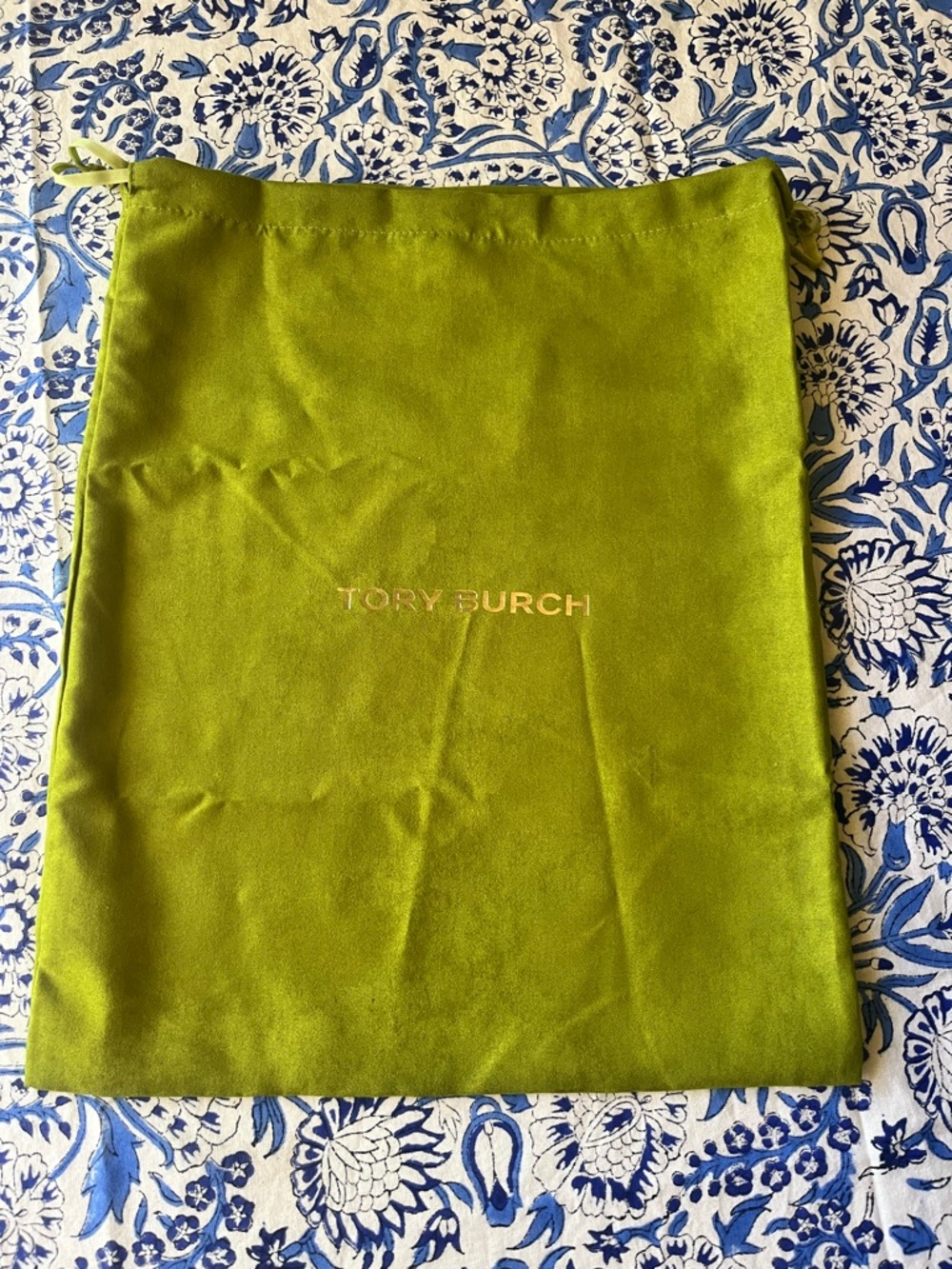 Tory Burch Lime Green Velvet Drawstring Dust Bag with Gold Logo